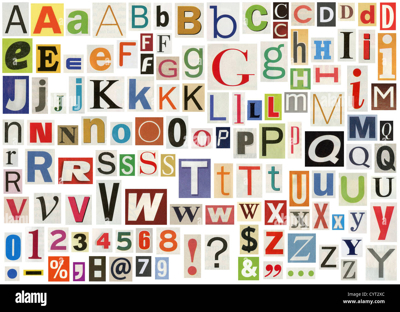 newspaper alphabet with letters numbers and symbols isolated on stock