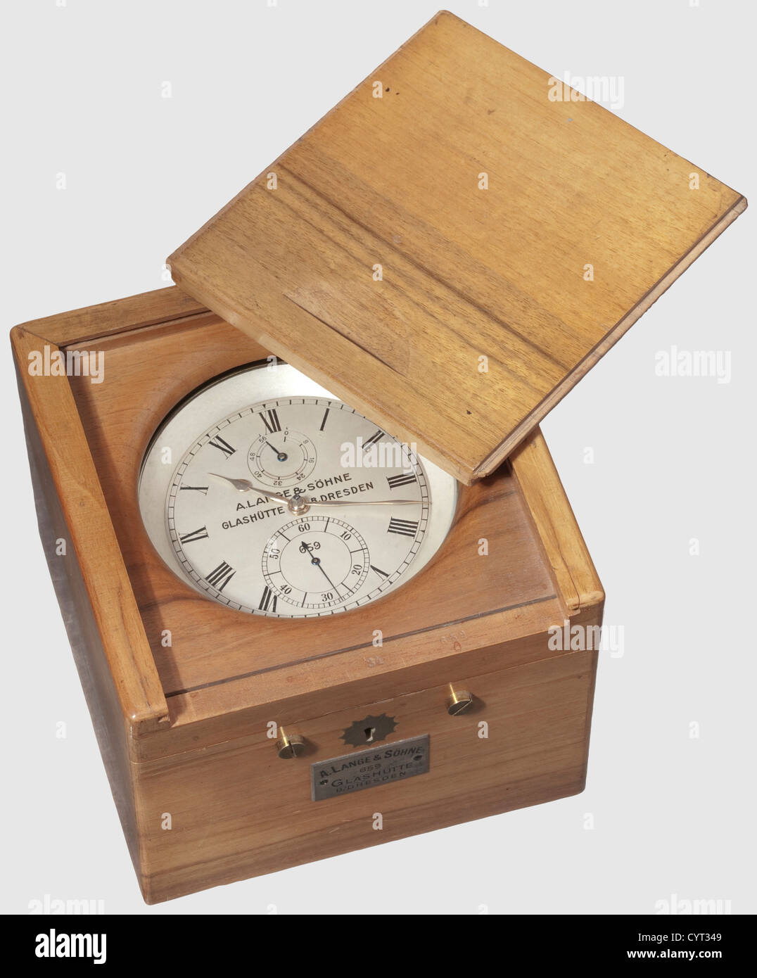 Hermann Göring(1883 - 1946),an ultra-fine marine chronometer A Lange & Sons,Glashütte,B/Dresden,No. 659. Sold in the year 1936 to the Reich Minister of Aviation Hermann Göring(copy of the original dispatch book included). Brass works,polished,silver-plated hands inlaid Roman numerals,small second-hand and 56 h power reserve indicator(blued hands),locking device,housing number 659 and maker's mark,in a matching-numbered lockable wooden case(key missing),without universal suspension,matching-numbered clock key laid in,transparent yellow plastic d,Additional-Rights-Clearences-Not Available Stock Photo