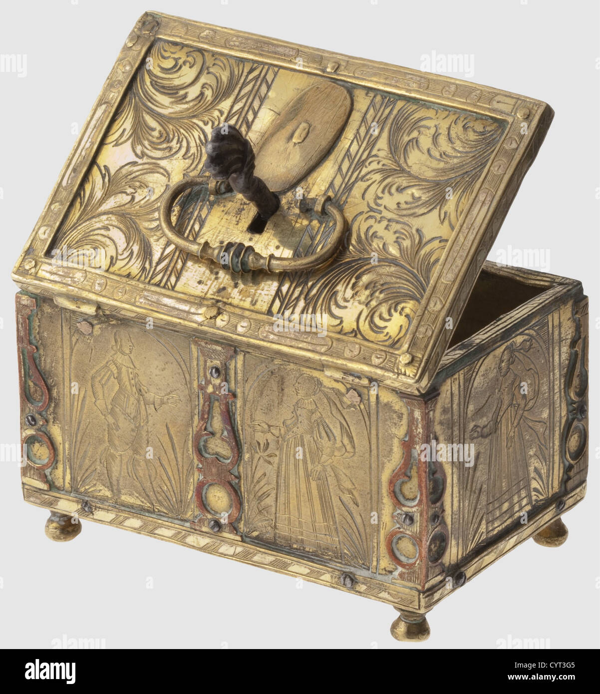 A miniature casket by Michel Mann,Nuremberg,around 1610 Rectangular fire-gilded brass body on four spherical feet.Hinged lid with a moveable carrying handle.Mechanism with a domed lock housing and gilded decorative overlay.Four latches.Finely engraved decorative figures in late Renaissance townsfolk attire.There is a leaping hound engraved on the bottom.The interior has a standing nobleman,under the stamped signature,'MM'.Gilding worn.There is a later oval brass plate riveted to the lid.Dimensions 4.5 x 7.5 x 5 cm,historic,historical,,17th centu,Additional-Rights-Clearences-Not Available Stock Photo