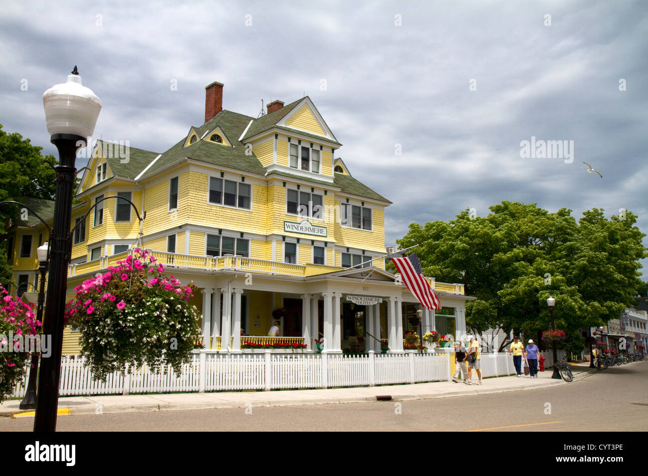 The Windermere Hotel located on Main Street on Mackinac Island located in Lake Huron, Michigan, USA. Stock Photo
