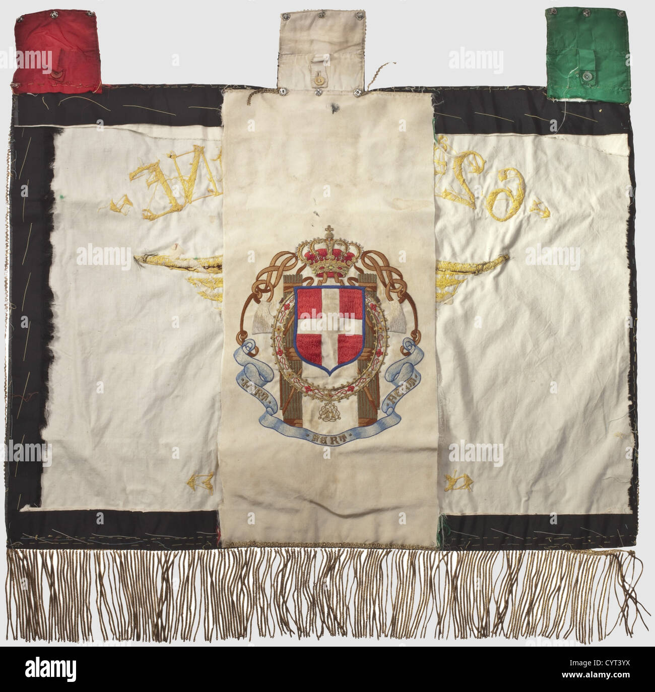 An Italian MVSN Black Shirt Banner,for the 62nd 'Isonzo' Legion The front is of black standart cloth displaying '62 LEGIONE ISONZO' and the eagle with a lictor's bundle in heavy,elaborate gold embroidery.Unfortunately,there is only a fragment of the back with the Italian royal arms available.Gold fringe on the bottom.Size 67 x60 cm.The 62nd 'Isonzo' Legion was based at Gormizia.Very rare standart for the fascist militia,unfortunately incomplete.Of extremely high quality.Because of the height of the Lyon embroidery,the large embroidered eagle is almo,Additional-Rights-Clearences-Not Available Stock Photo
