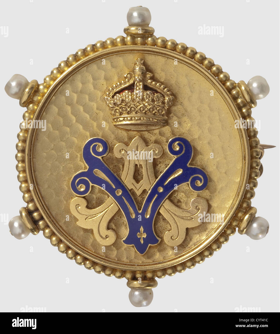 Empress Auguste Victoria,gift brooch in case Circular brooch of gold-plated non-ferrous metal,pin and attached chain of solid gold. The obverse with applied monogram 'AV' surmounted by imperial crown,letter 'V' enamelled in Prussian blue. The edge decorated with six small pearls. In red brown leather case with velvet and silk lining,gold embossed 'AV' surmounted by a crown,maker's stamp 'H. J. Wilm Königl. Hof-Juwelier Berlin',weight ca. 11.5 g,diameter 35 mm,historic,historical,19th century,Prussian,Prussia,German,Germany,militaria,military,ob,Additional-Rights-Clearences-Not Available Stock Photo