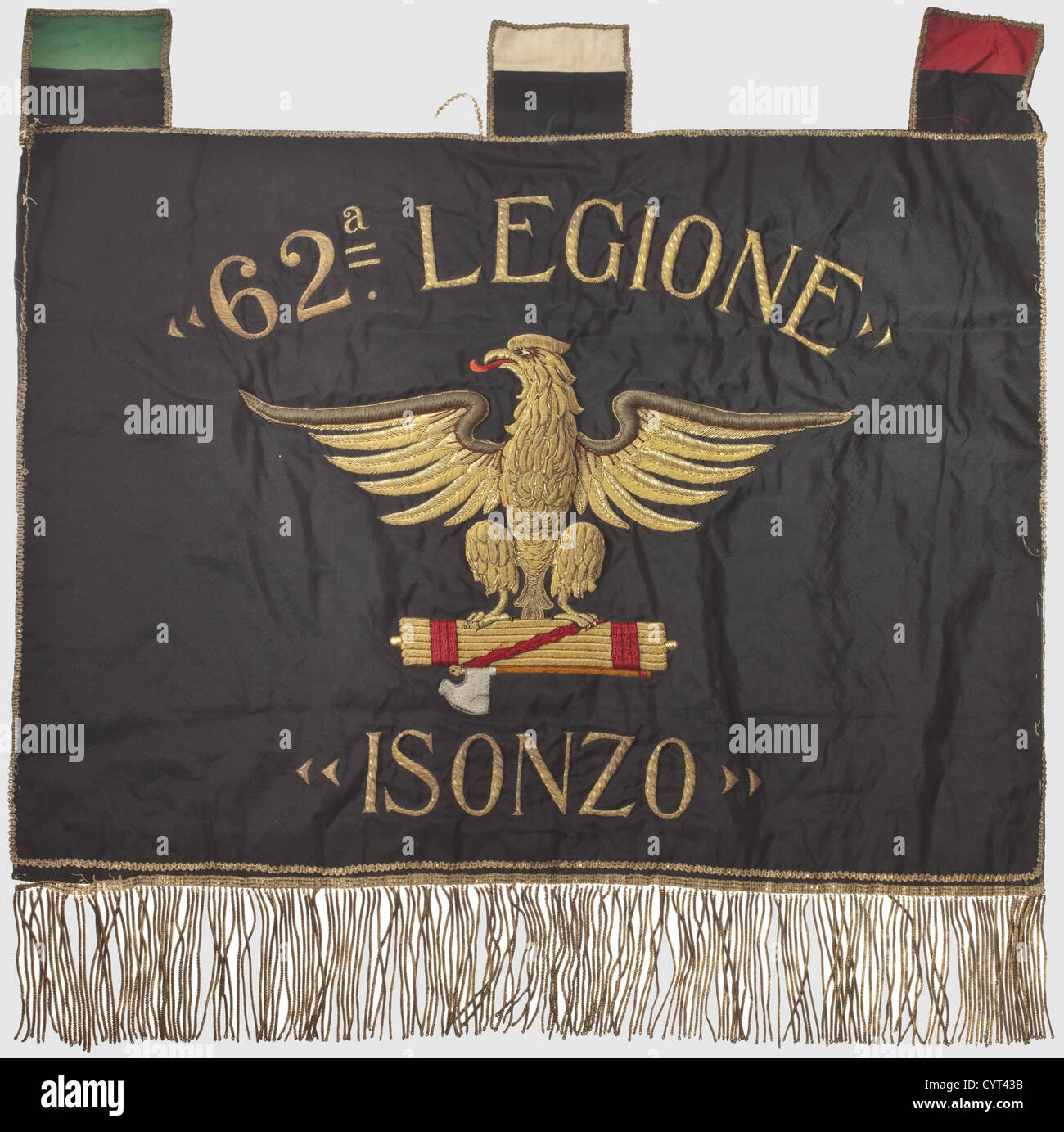 An Italian MVSN Black Shirt Banner,for the 62nd "Isonzo" Legion The front  is of black standart cloth displaying "62 LEGIONE ISONZO" and the eagle  with a lictor's bundle in heavy,elaborate gold  embroidery.Unfortunately,there