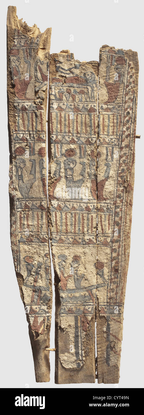A fragment of an Egyptian sarcophagus, Late Period, 7th - 1st century B.C. Wood with a plaster coating painted in color. A three-piece red and blue coloured wooden panel, assembled on long wooden dowels. Dimensions: 30.5 x 87 cm. Provenance: Italian art dealer, historic, historical, ancient world, ancient world, ancient times, object, objects, stills, clipping, cut out, cut-out, cut-outs, mediterranean, precious metal, precious metals, Additional-Rights-Clearences-Not Available Stock Photo