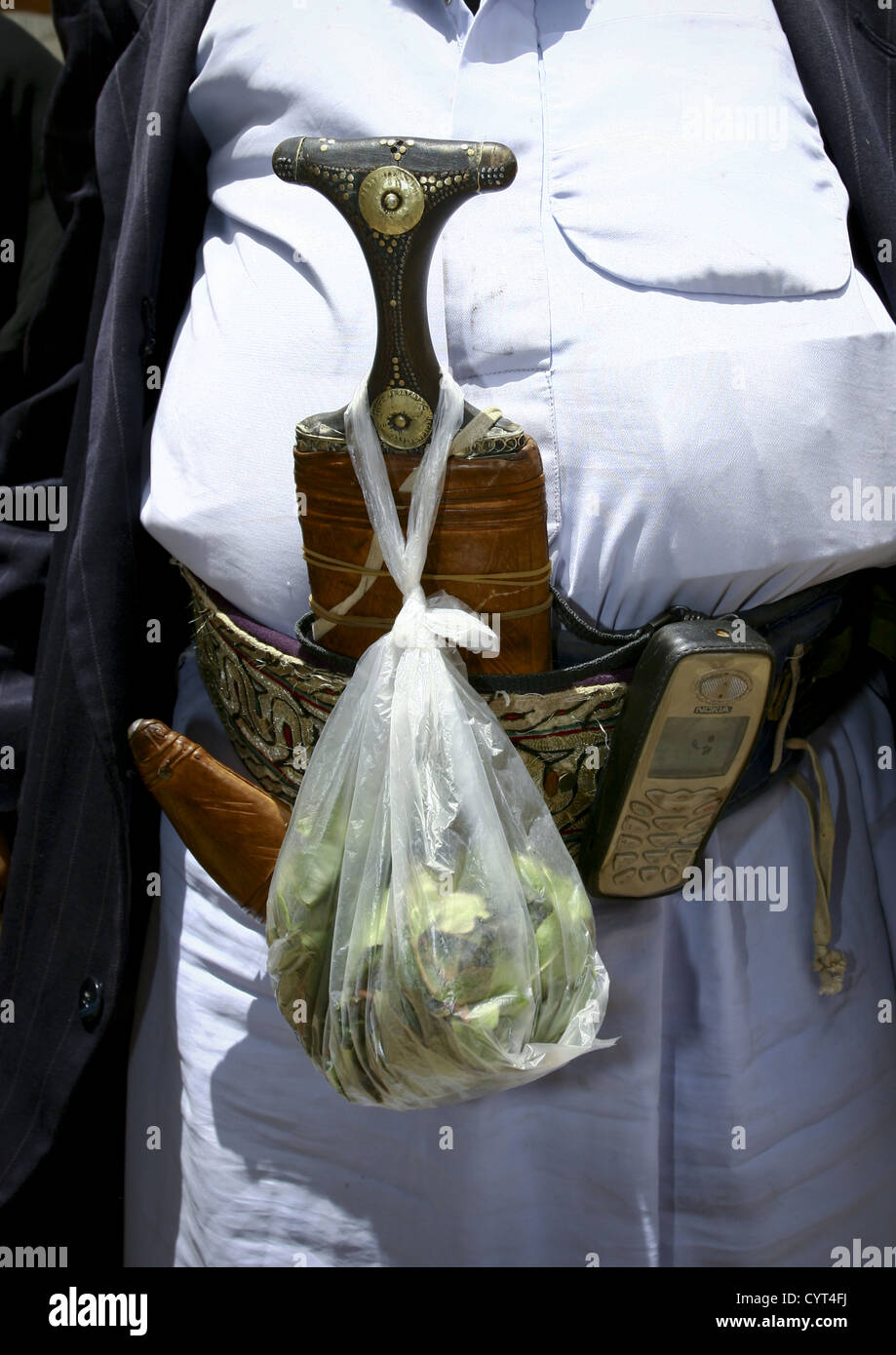 Detail Of The Qat , Nokia Phone And Jambiya Attached To A Belt, Sanaa, Yemen Stock Photo