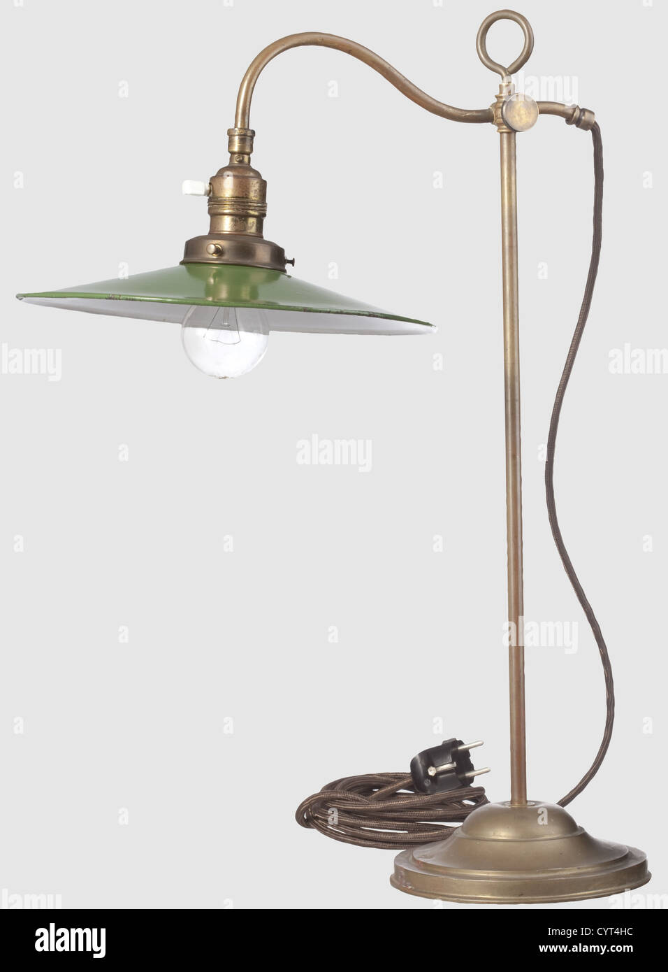 Adolf Hitler,a nightstand lamp from his cell Nr.7 in Landsberg 1923/24 Shaft and arm of non-ferrous metal,the base with an iron core,the lamp shade of iron worked in green.The electric fitting and wiring probably replaced in the 1950s/1960s.Inventory inscription at the base 'Fest.-Haftanstalt Landsberg a.L,Strafzelle No.7,Reg.-No.260/23/7'.Provenance: Haucke Collection,1966 acquired from an US Army captain.The lamp base with a corresponding inventory tag.Included is a photocopy of the letter from Emil Maurice(see previous lot)dated November 196,Additional-Rights-Clearences-Not Available Stock Photo