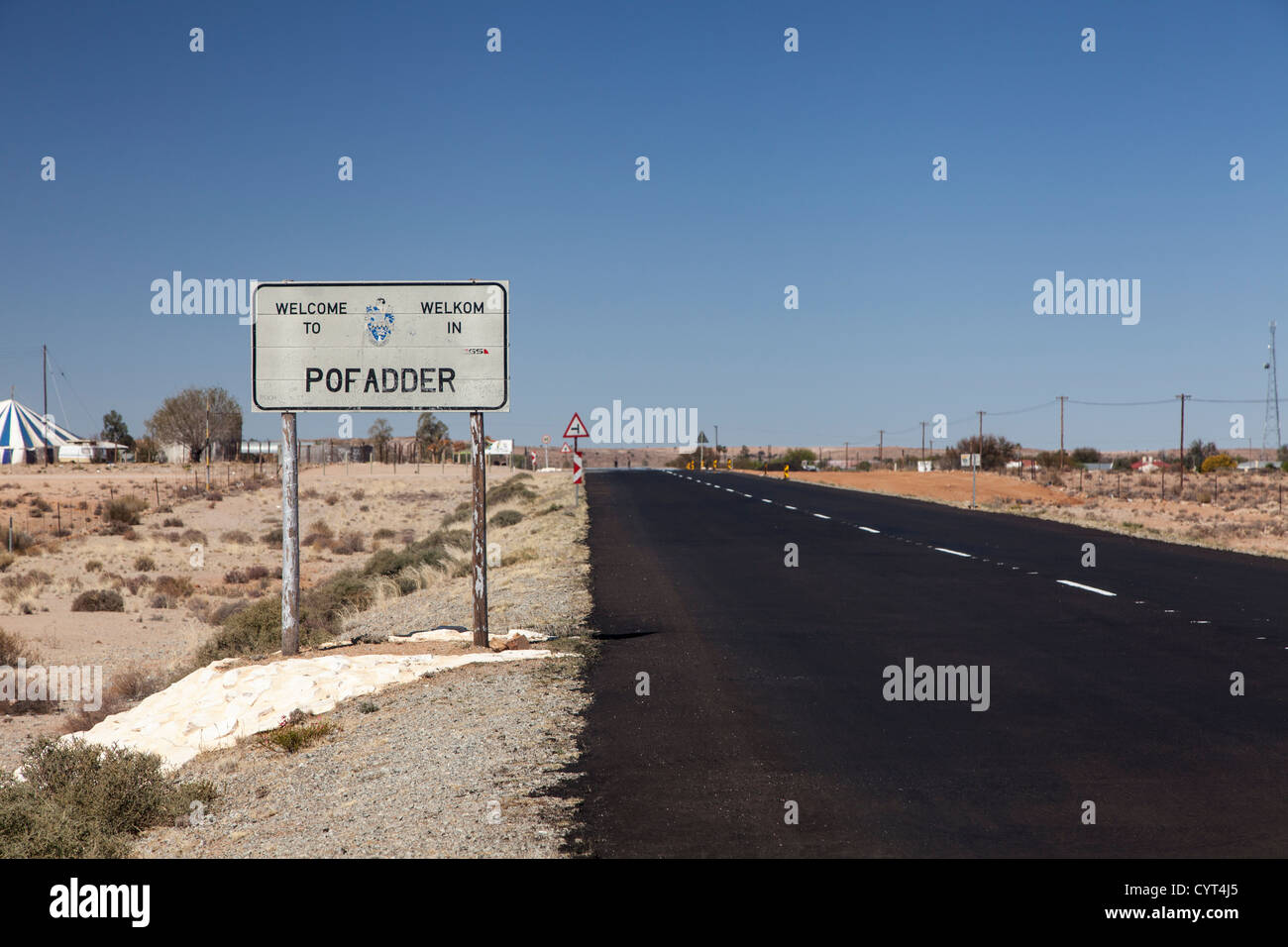 Sign for Pofadder, a small town on the N14 road. Northern Cape, South Africa Stock Photo