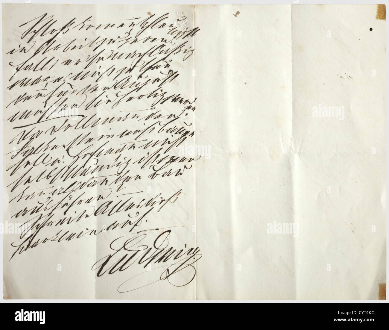 King Ludwig II of Bavaria(1845 - 1886),two handwritten letters The letter paper has the royal coat of arms on the upper left.The private letters were sent to a friend or a close acquaintance of the king(unfortunately there are no names in the texts).Extracts from one letter reading(tr.)"Give the enclosed play in my name to dear Oberholzer to read,...as it plays in Hohenschwangau.His frankly pleasant way of speaking has done me good.Ludwig." Unfortunately,the second double page letter is only barely legible,as the king was evidently enraged as he wr,Additional-Rights-Clearences-Not Available Stock Photo