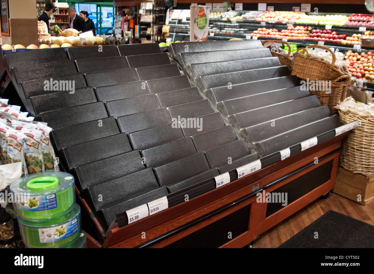 Empty shelves in Kings Supermarket in Cresskill, NJ, evidence of panic buying in the wake of Hurricane Sandy which hit Oct 2012. Stock Photo