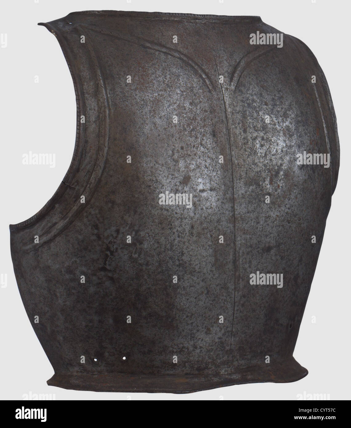 An Italian armour back plate, circa 1590 Back plate with flanged and roped edges. The neck and the gussets with twisted decorations. One-piece spreading loin guard. The pauldrons and the waist with old holes for fixation of the missing harness. Height 38 cm, historic, historical, 16th century, defensive arms, weapons, arms, weapon, arm, fighting device, object, objects, stills, clipping, clippings, cut out, cut-out, cut-outs, utensil, piece of equipment, utensils, plating, armour-plating, armour, armor, reactive armour, armour suit, armor suit, metal, Additional-Rights-Clearences-Not Available Stock Photo