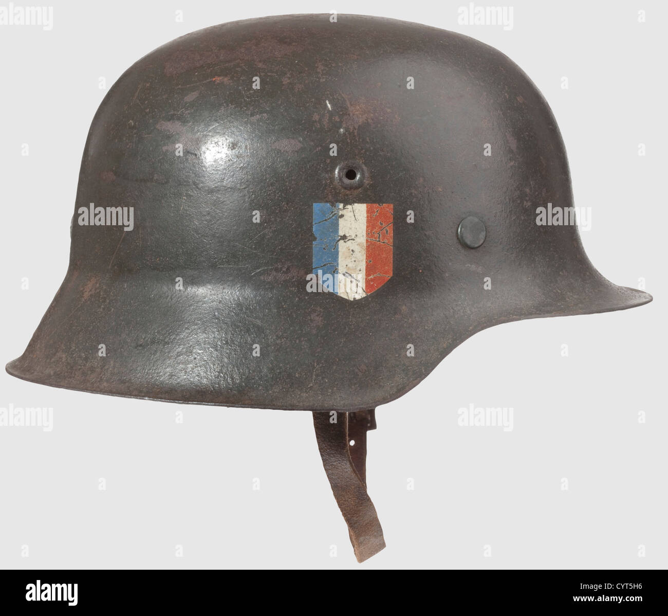 A M 42 steel helmet for the Légion Des Volontaires - LVF,for French  volunteers in the Wehrmacht Varnished dark green,the eagle shield almost  completely intact,right side shield with French national colours also