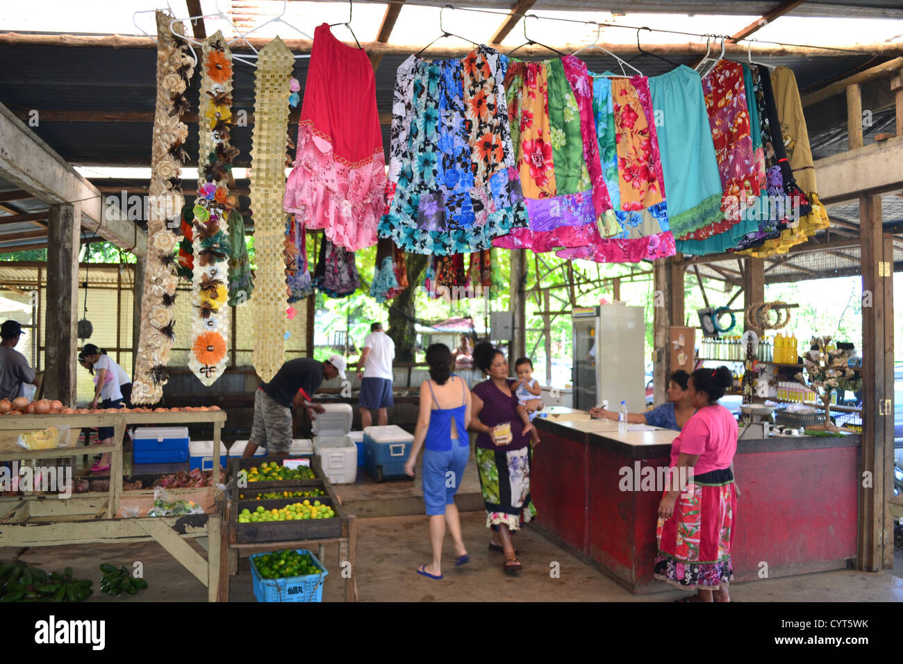 Dresses for sale at local market, Pohnpei, Federated States of Micronesia Stock Photo