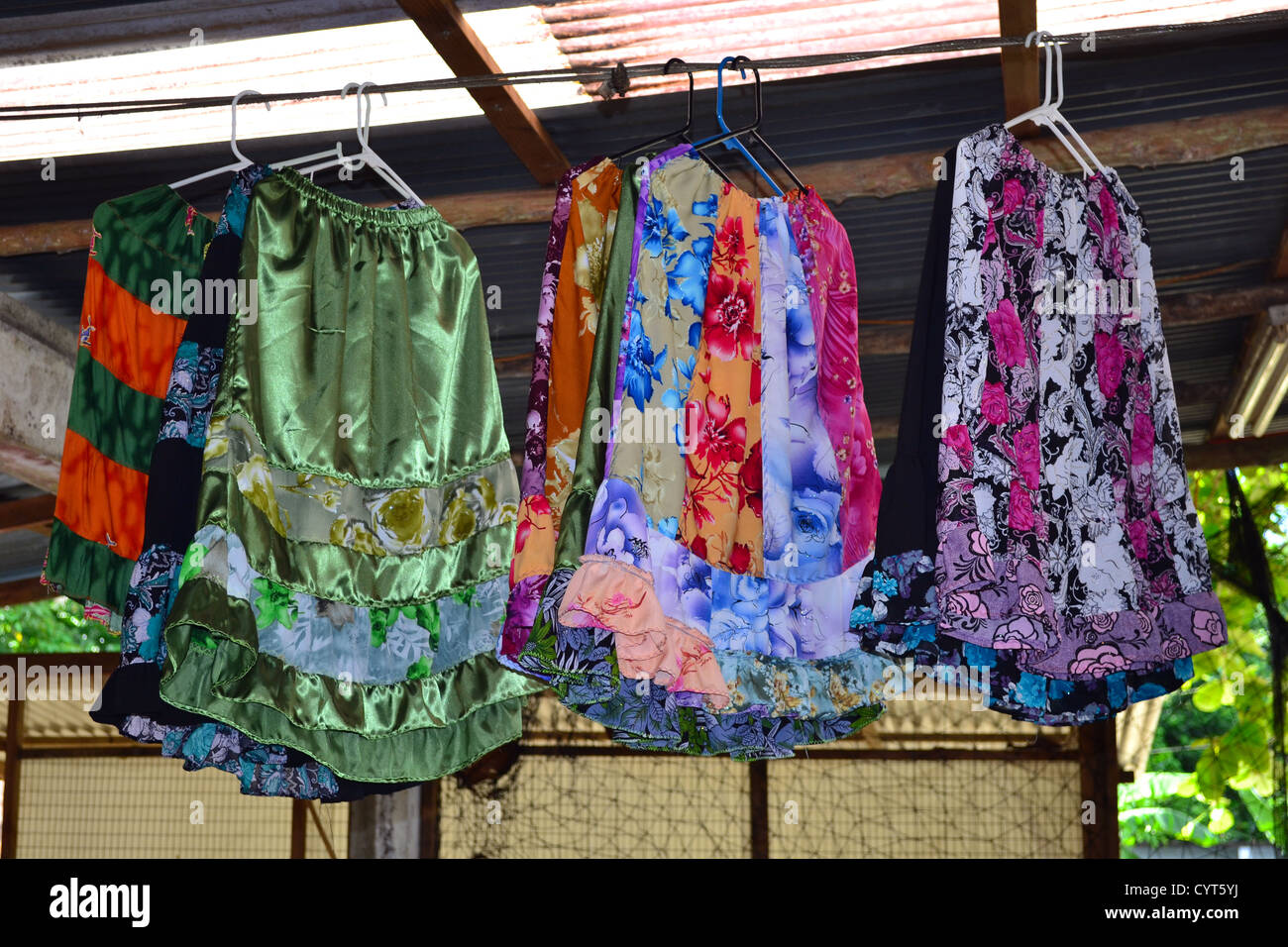 Dresses for sale at local market, Pohnpei, Federated States of Micronesia Stock Photo