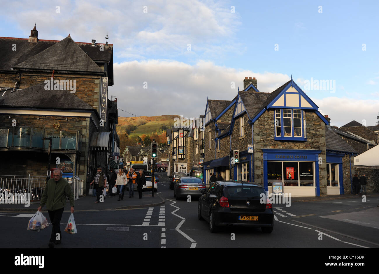 Traffic passing through Ambleside in the Lake District Stock Photo