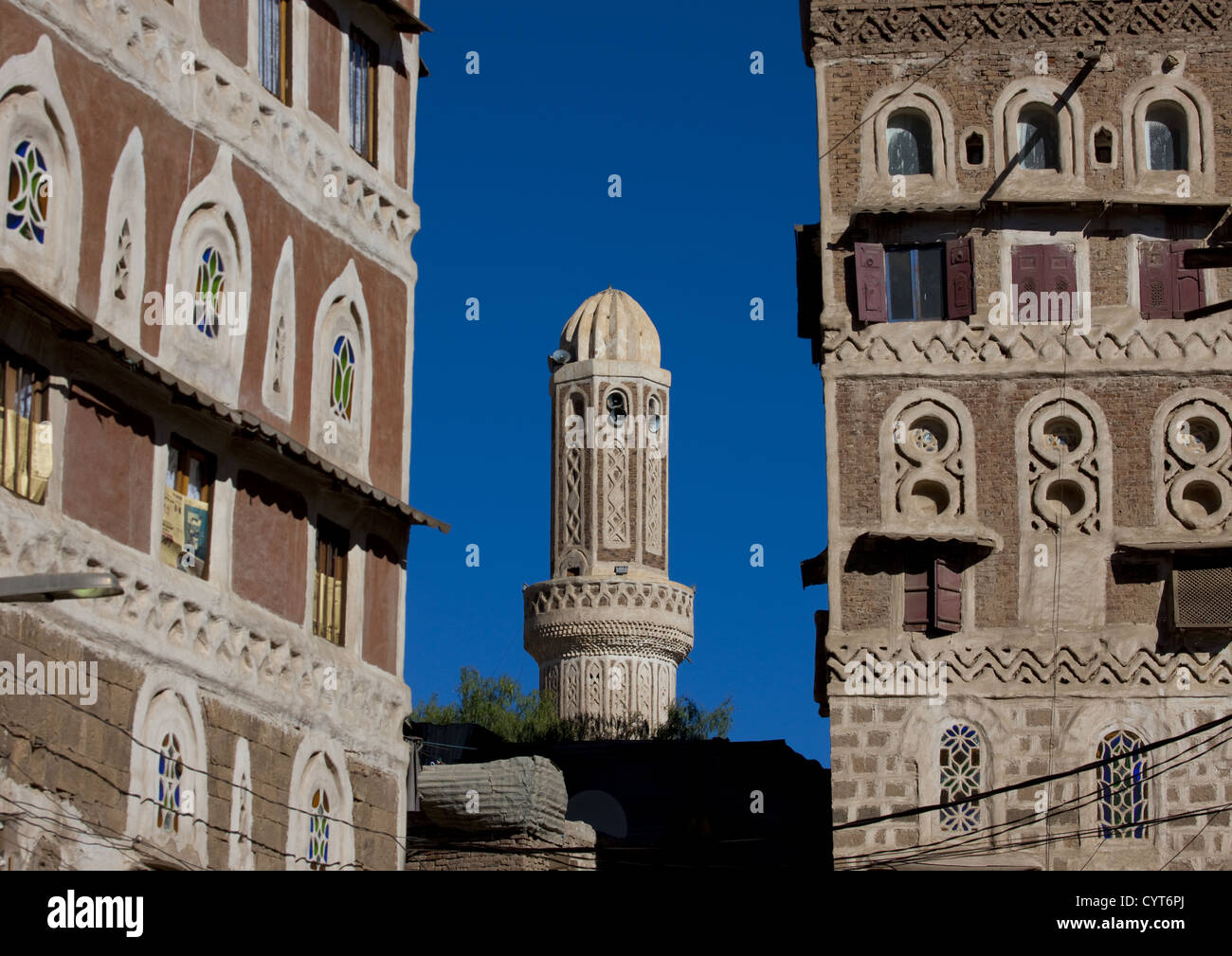 Traditionally Decorated Buildings And Minaret In The Old Town Of Sanaa