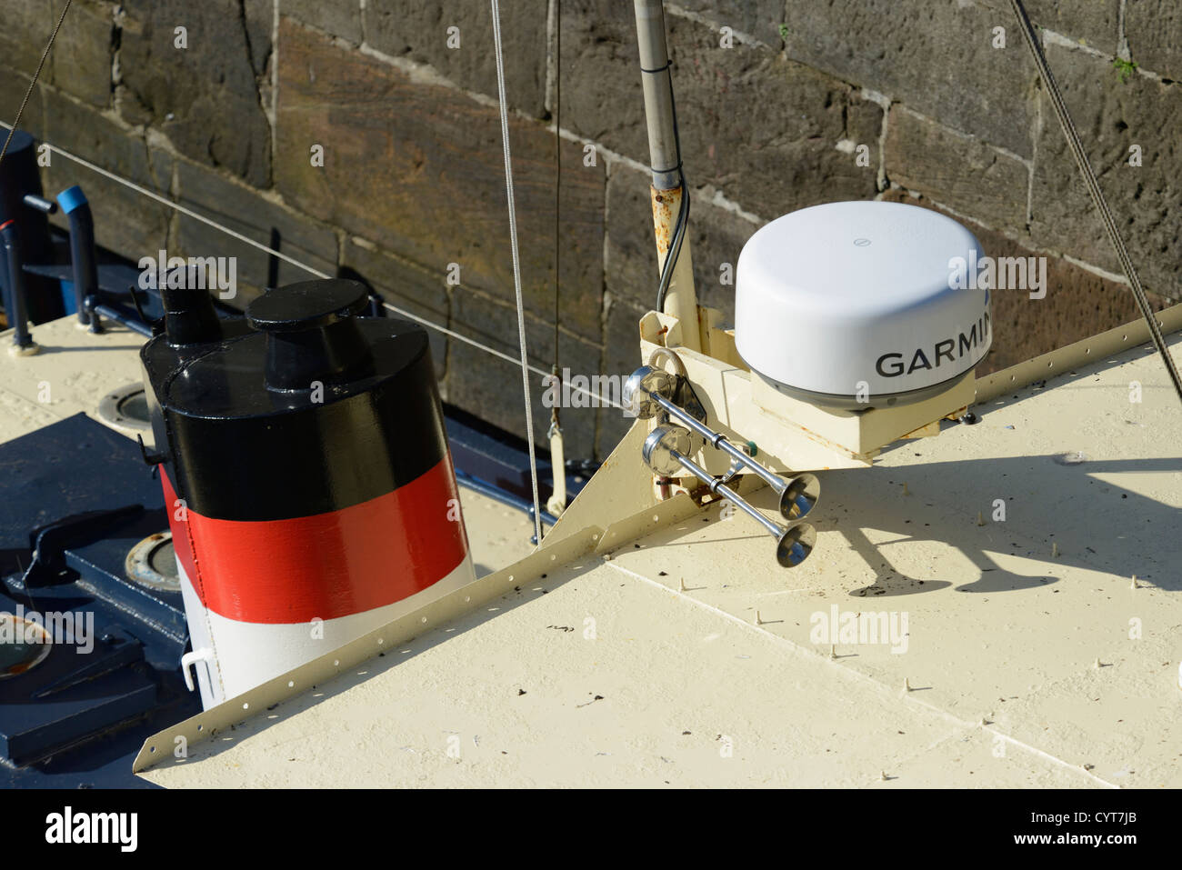 Garmin marine radar unit and horns on fishing boat. The Harbour,  Whitehaven, Cumbria, England, United Kingdom, Europe Stock Photo - Alamy