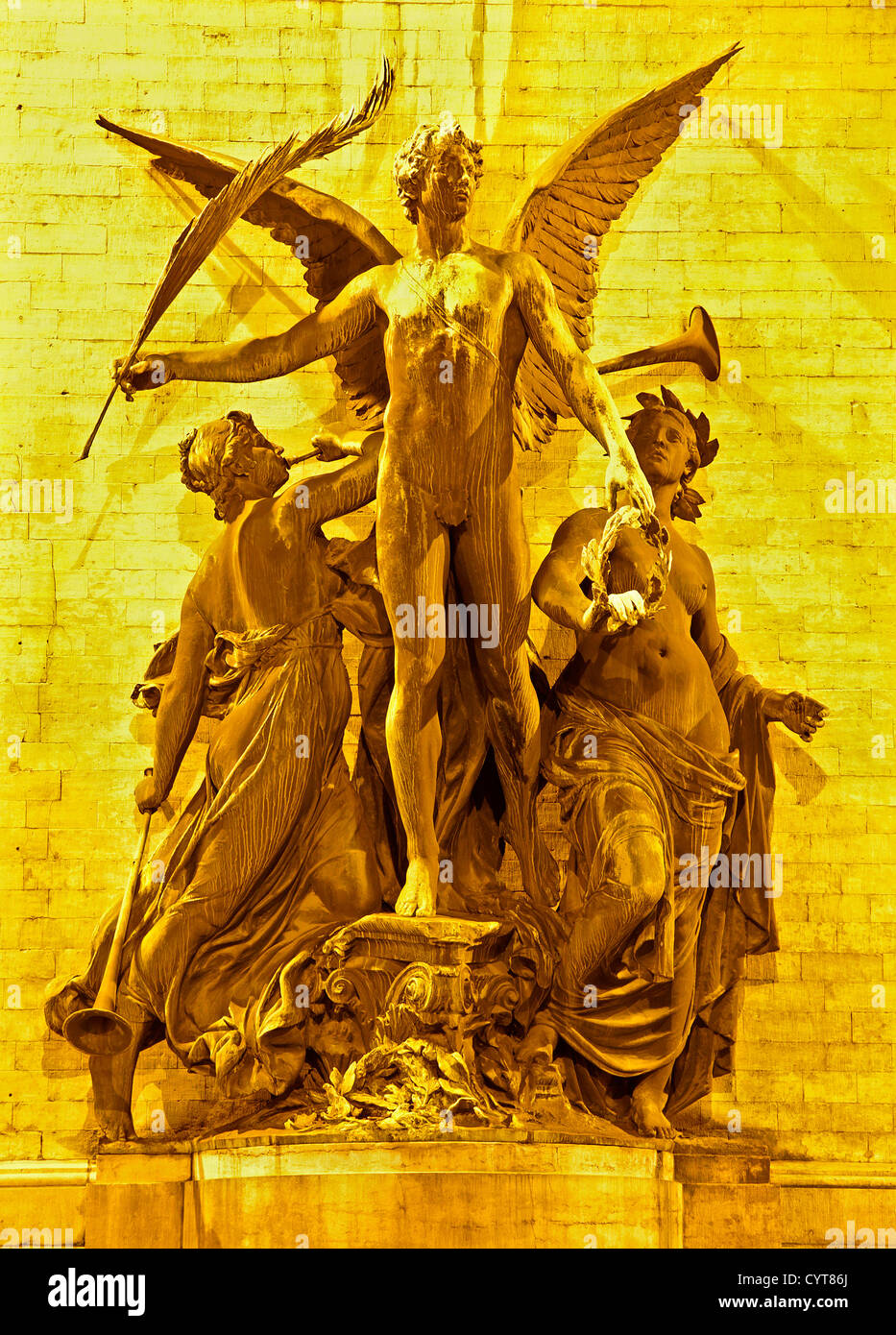 Brussels - statue from Triumphal Arch in the Parc du Cinquantenaire at night Stock Photo