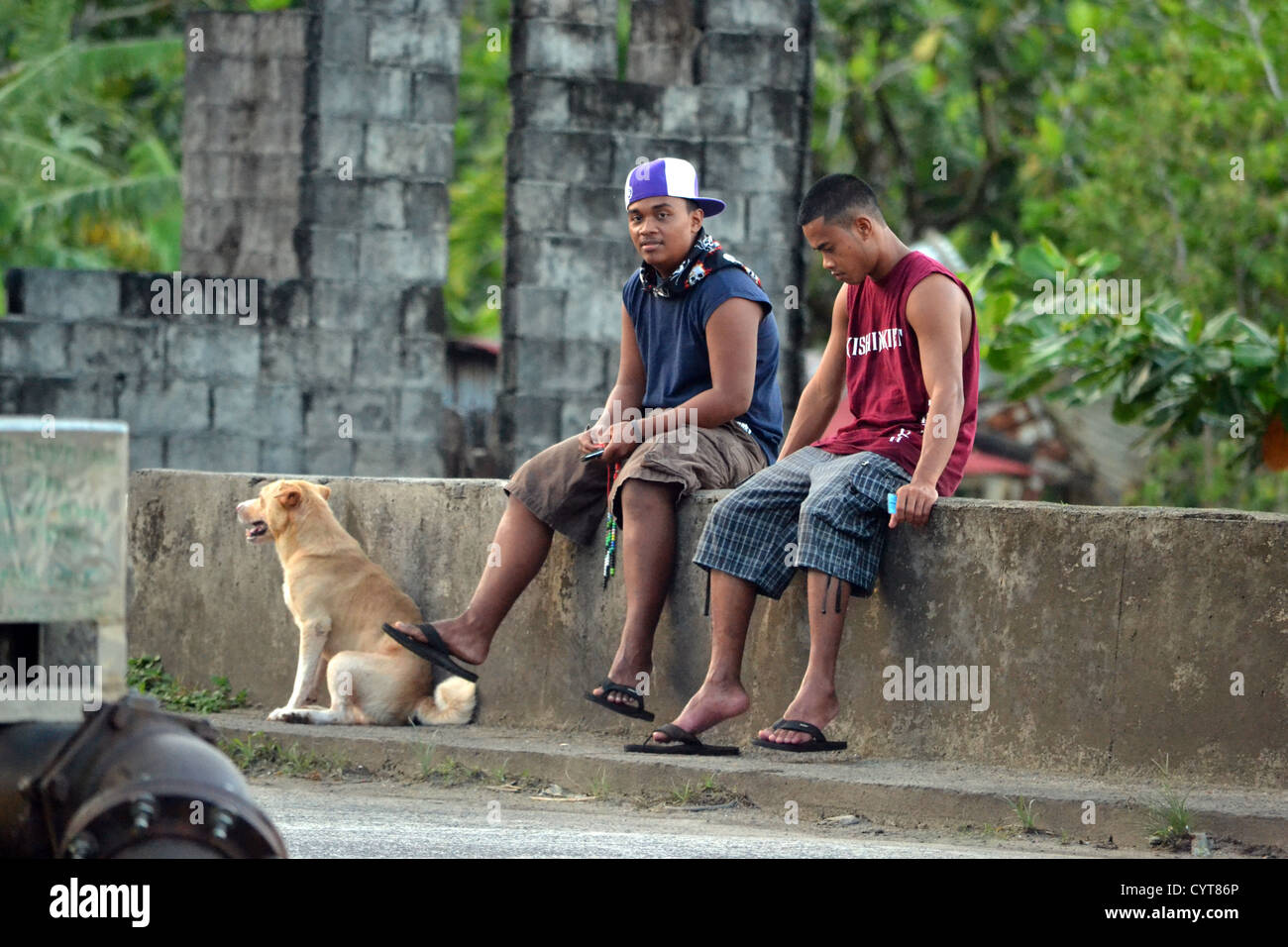 Local boys and dog, Pohnpei, Federated States of Micronesia Stock Photo