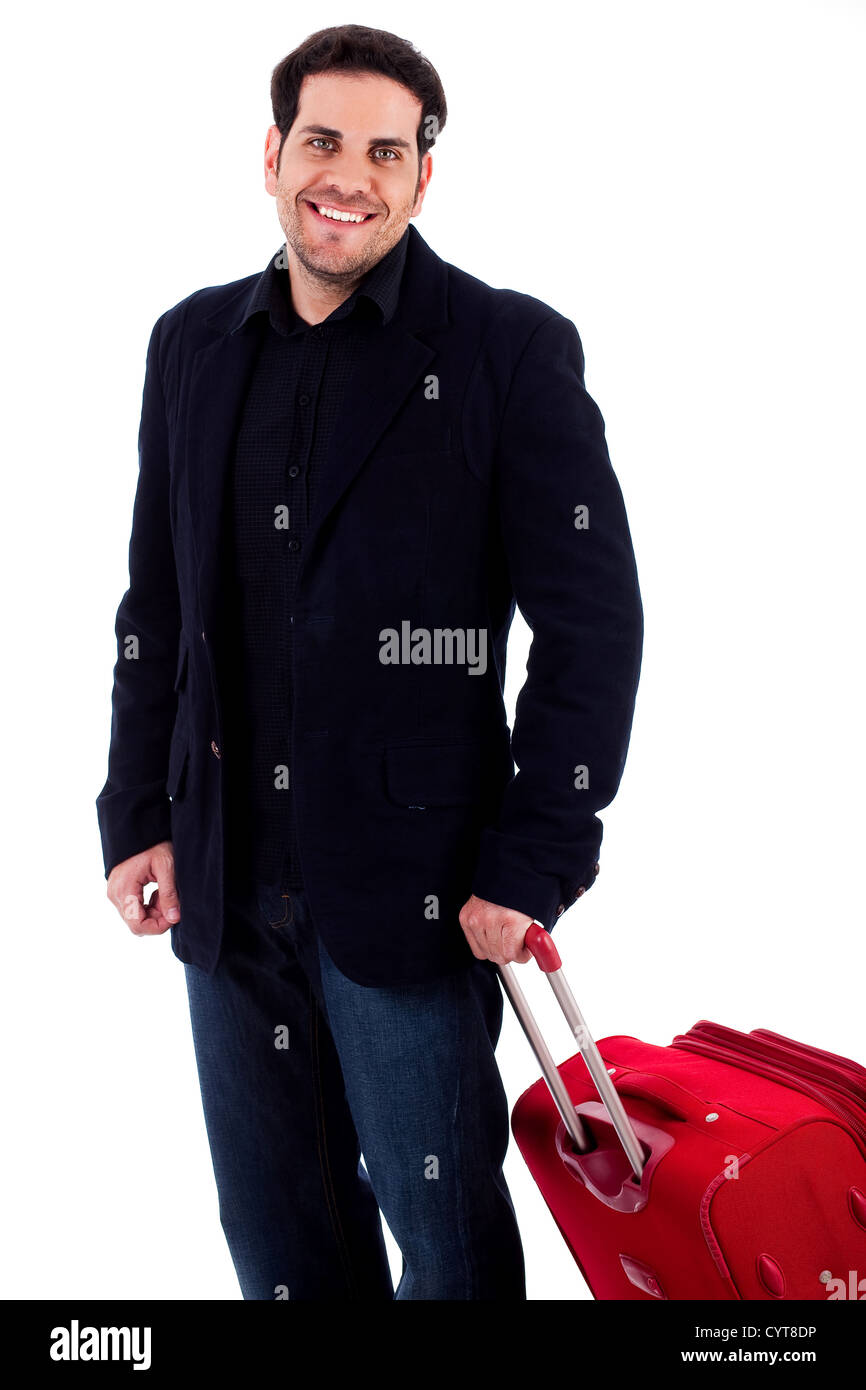 young man standing with travel bag on an isolated background Stock ...