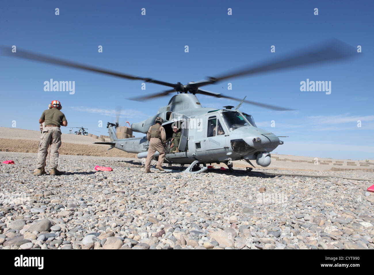 U.S. Marines with Marine Light Attack Helicopter Squadron (HMLA) 469 and HMLA-169, Marine Aircraft Group 39, 3rd Marine Aircraft Wing (Forward), land at Forward Operating Base (FOB) Shukvani, Helmand province, Afghanistan, Nov. 8, 2012. The squadrons refu Stock Photo