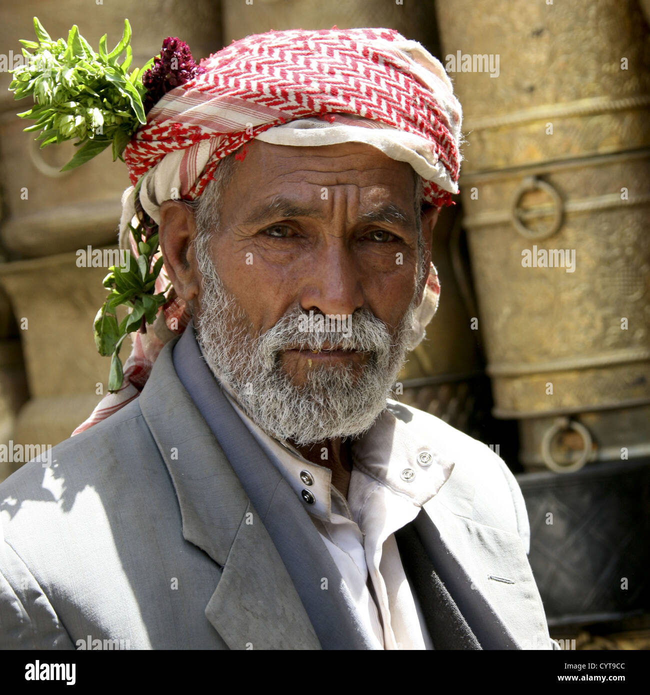 Old Yemeni Man With Leaves And A Flower In His Turban Sanaa Yemen