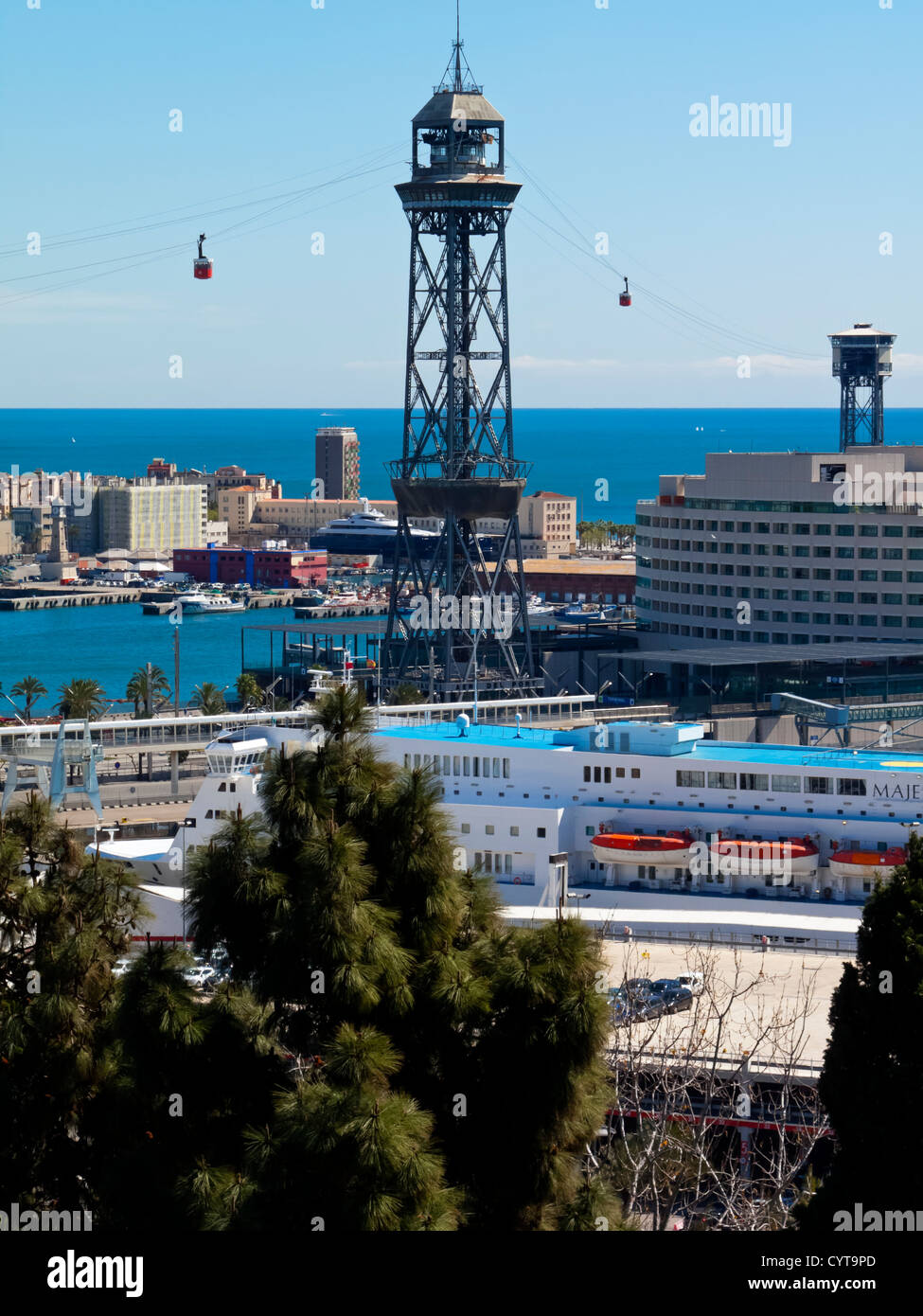 Cable car and tower at Barcelona harbour Catalonia Spain seen from the ...
