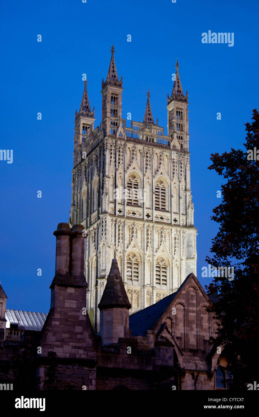 Gloucester Cathedral central tower at twilight / dusk / night Gloucestershire England UK Stock Photo