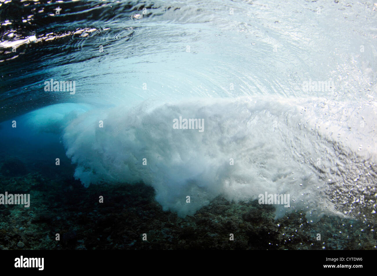 Wave breaking on reef, seen from below the surface, Palikir Pass, Pohnpei, Federated States of Micronesia Stock Photo