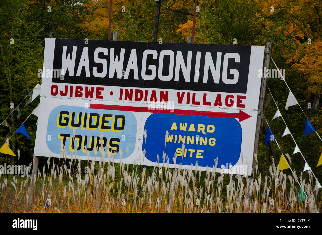 Sign for the Waswagoning Ojibwe Indian Village near the Northwoods town