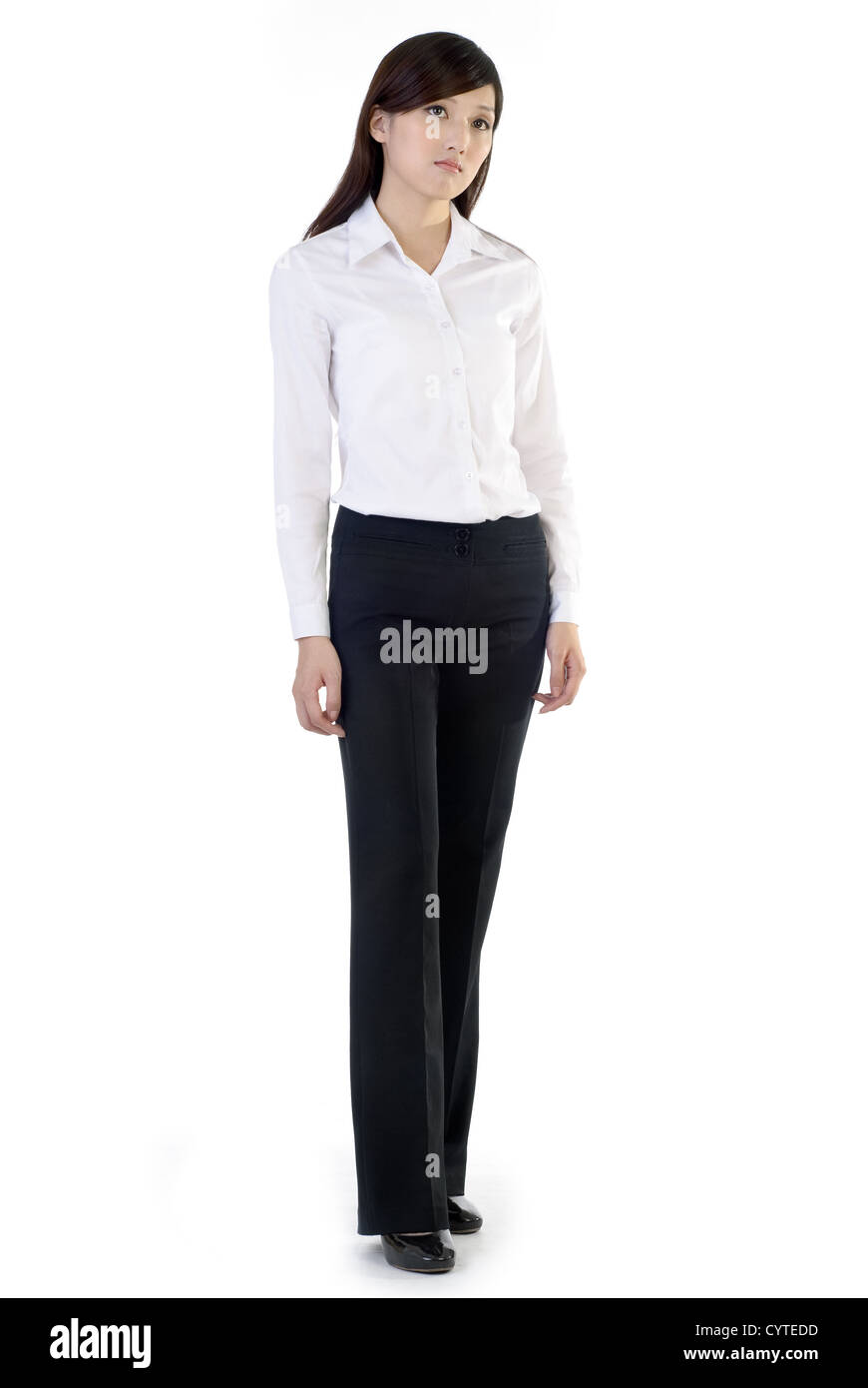 Full length portrait of business woman isolated on white background ...