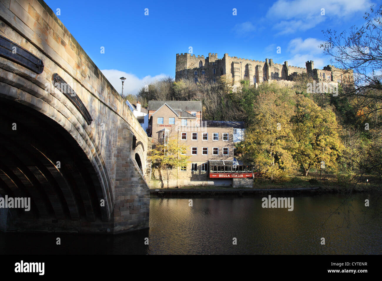 Durham castle across the river Wear from Framwellgate bridge north east England UK Stock Photo