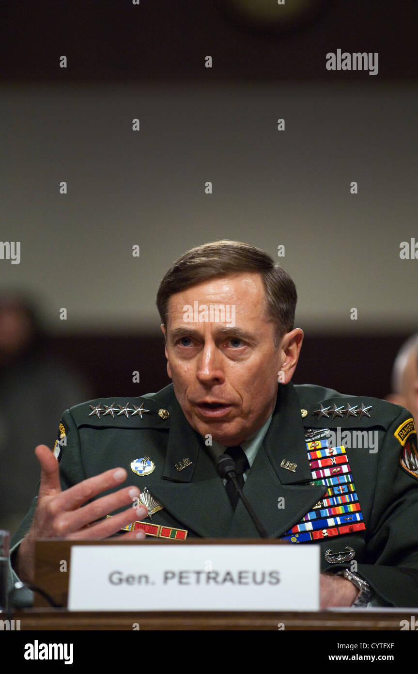 US General David H. Petraeus, commander of NATO and International Security Assistance Force testifies in the Senate Armed Services Committee March 15, 2011 in Washington, D.C. Petraeus resigned as Director of the CIA on November 9, 2012 after issuing a statement saying that he had engaged in an extramarital affair. Stock Photo