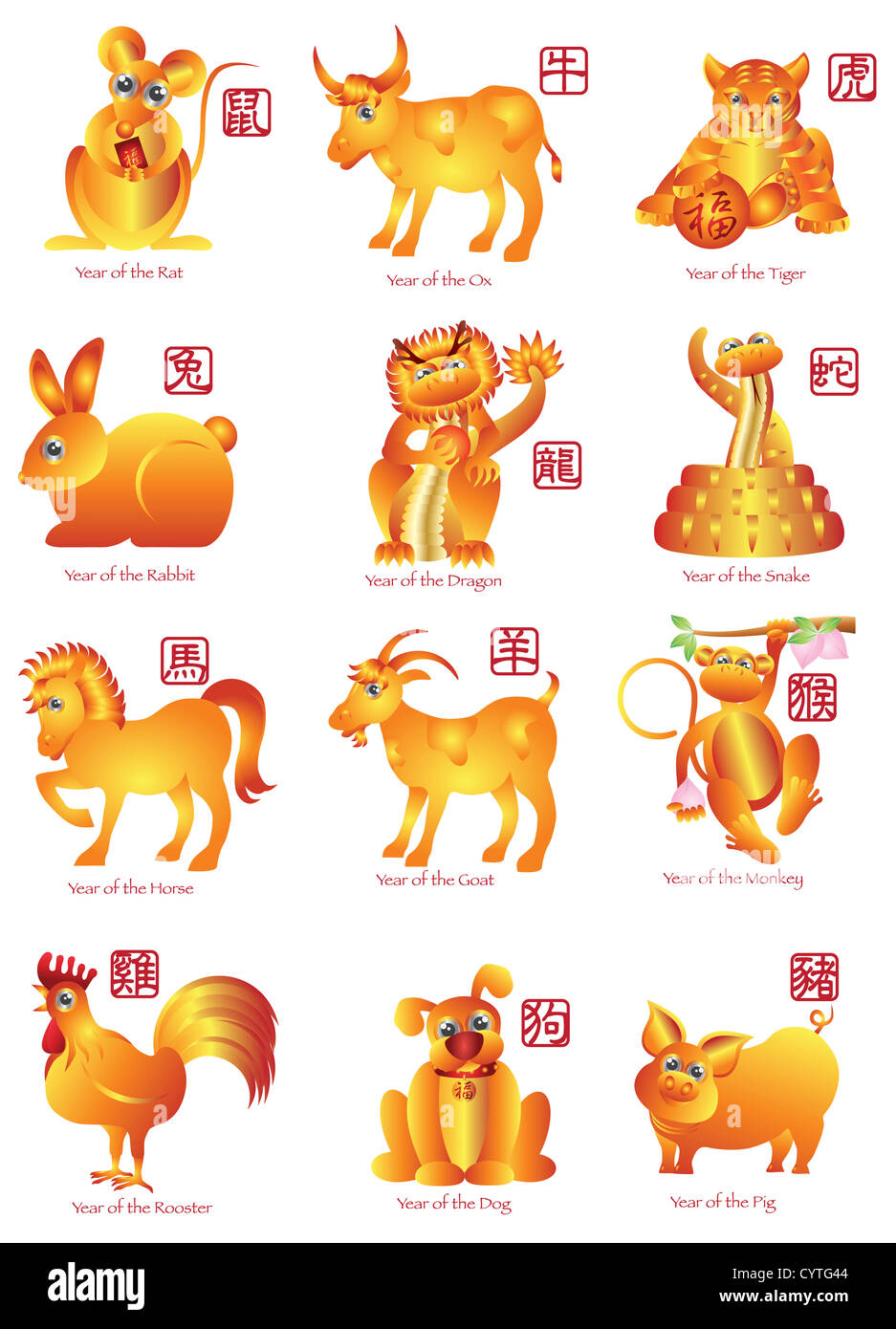 Chinese New Year Twelve Zodiac Horoscope Animals Illustration with Chinese  Seal Text Stock Photo - Alamy