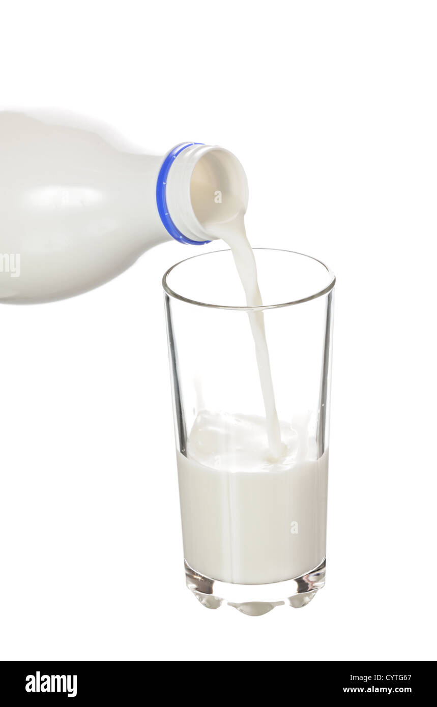 To pour milk from a bottle in a glass isolated on white background