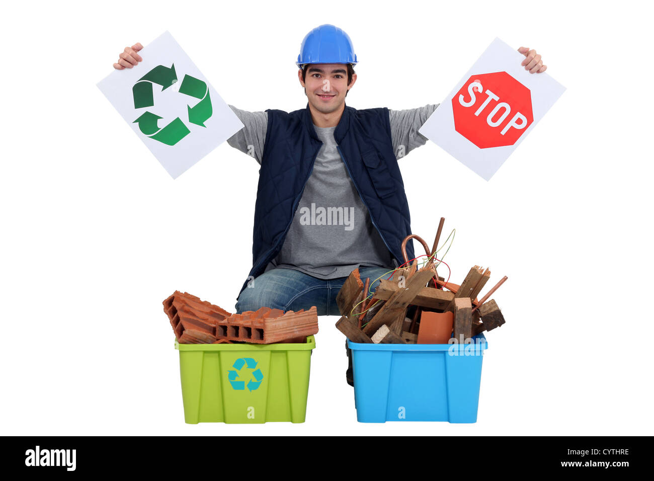 Tradesman encouraging recycling Stock Photo - Alamy