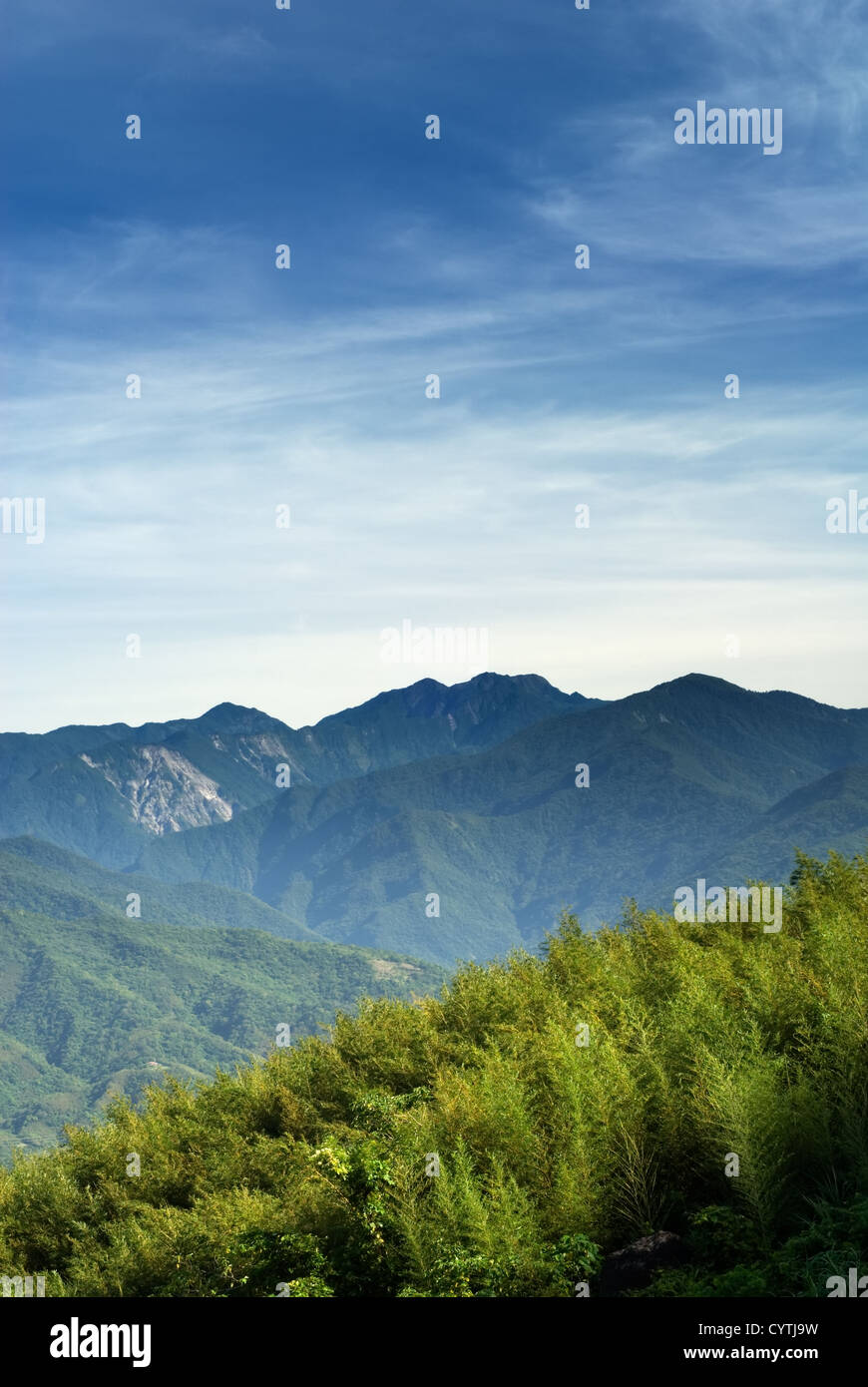 Here ard blue sky white clouds and green trees of mountain Stock Photo ...