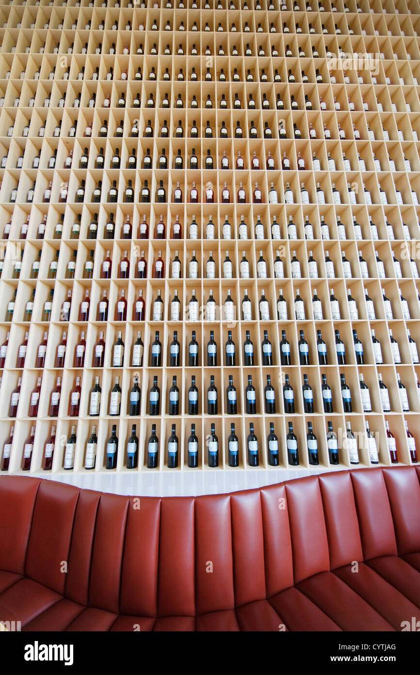 Bar detail with wine bottles, Hotel Marques de Riscal  (designed by Frank Gehry ) at El Ciego, Rioja Alavesa, Alava, Spain Stock Photo
