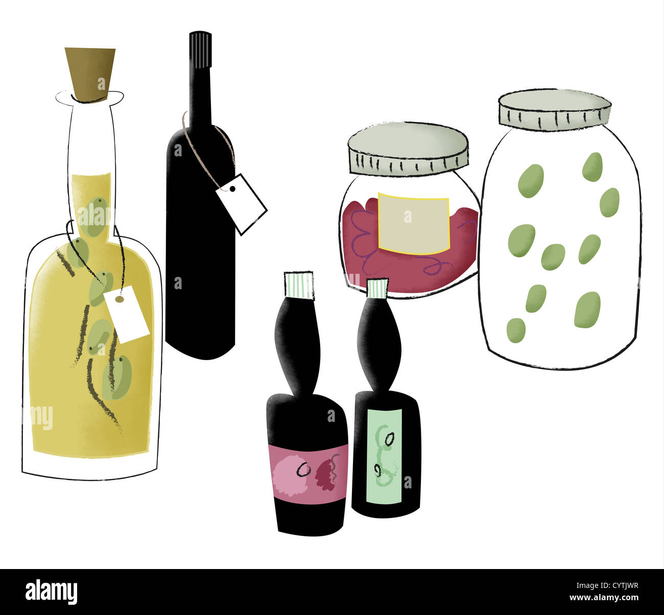 Bottles of oil, sauces, wine, and food Stock Photo Alamy