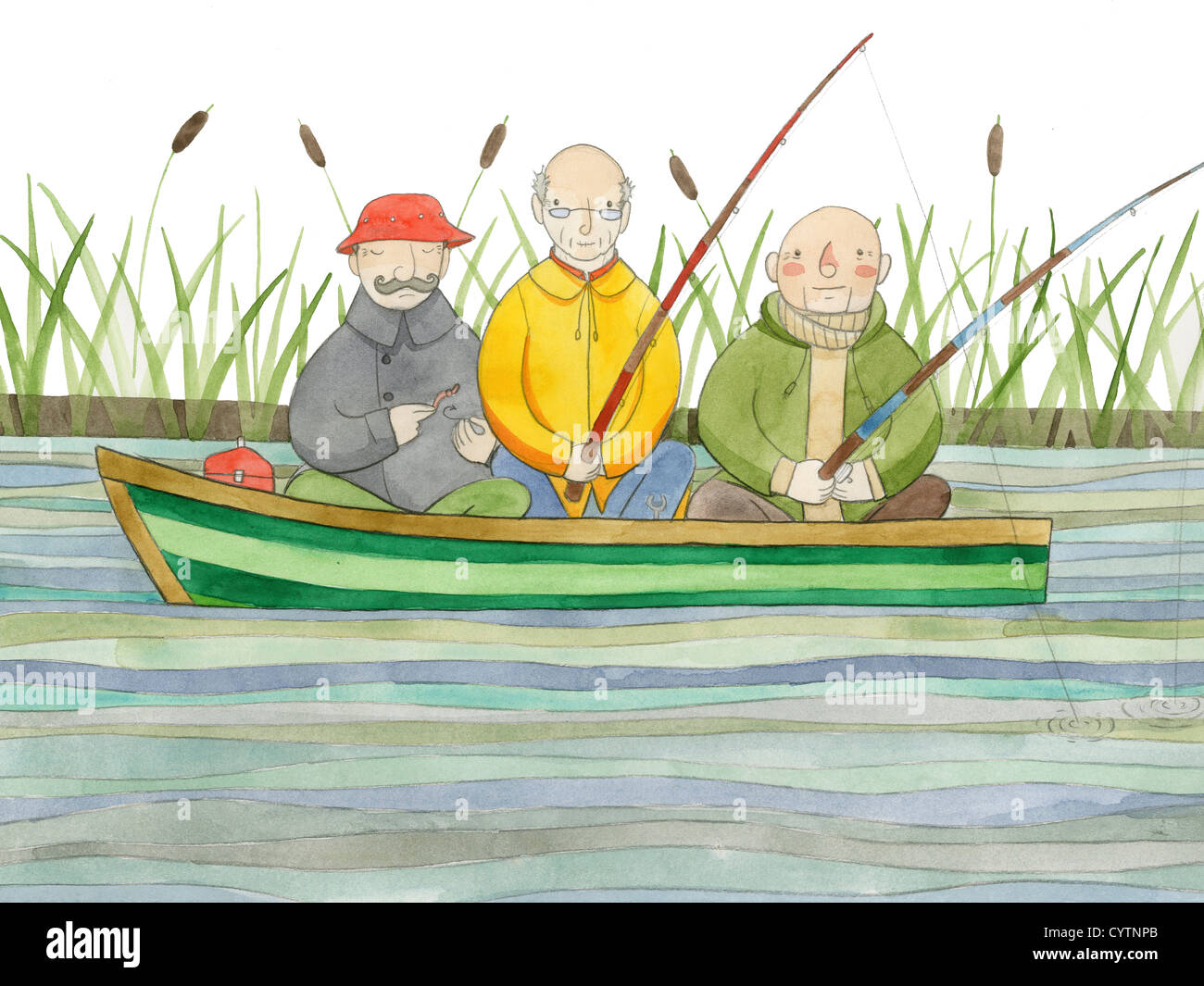Three men in a boat illustration hi res stock photography and images