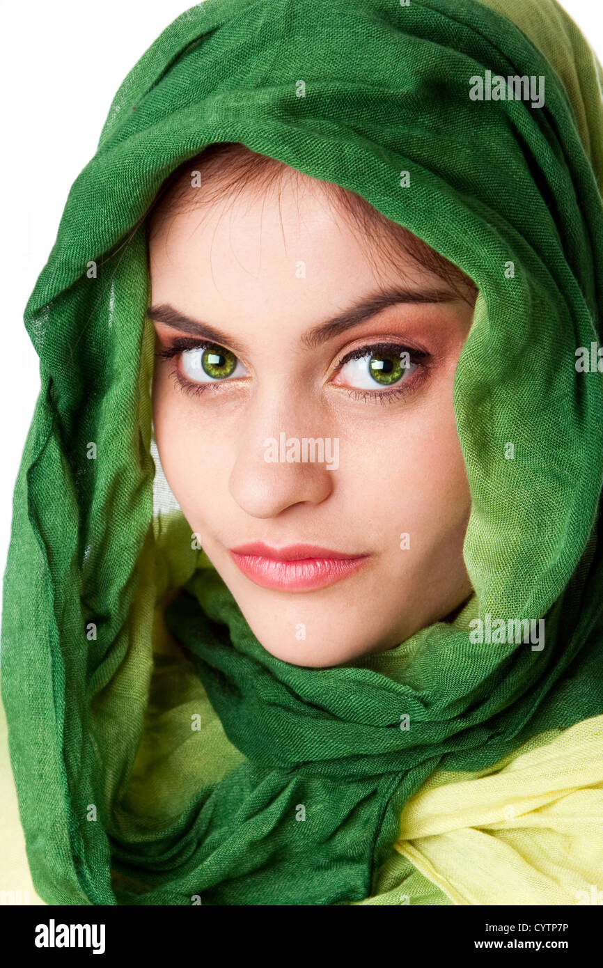Face with green eyes and scarf Stock Photo Alamy