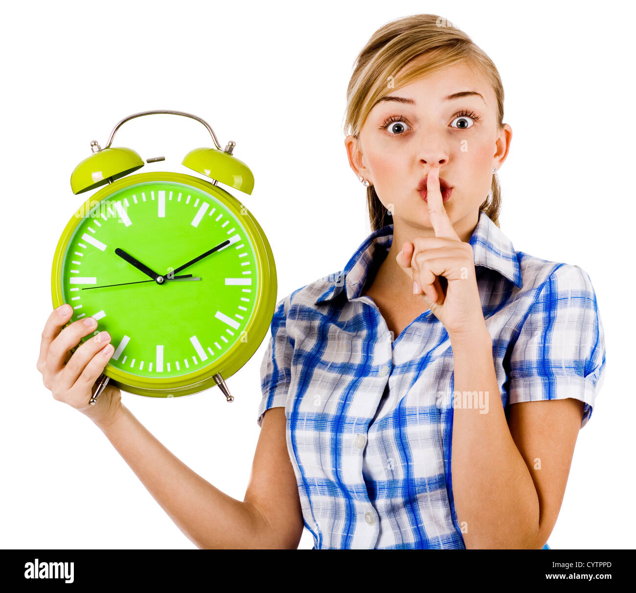 Girl with the clock asking us to maintain silence on a white background