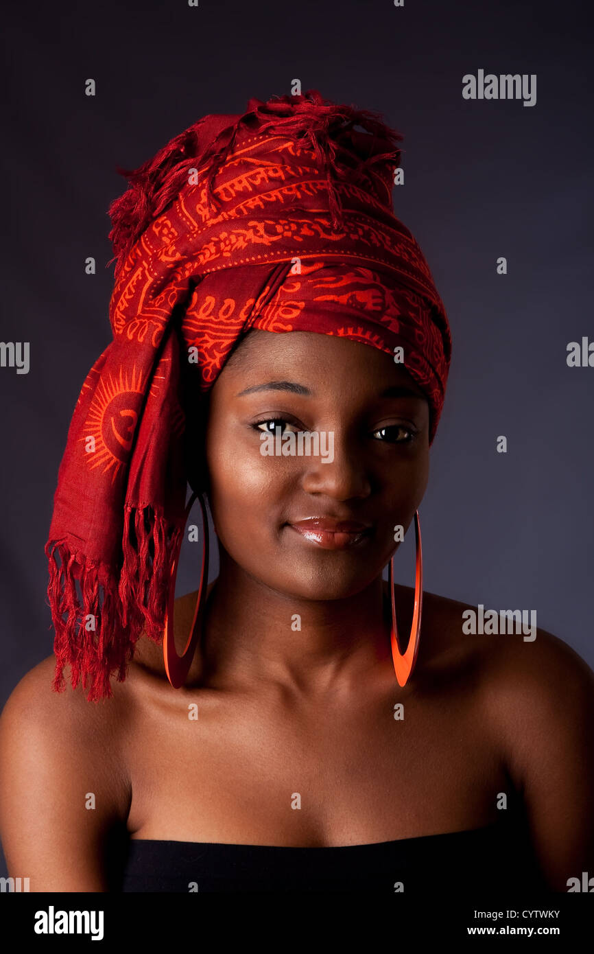 Beautiful African American Woman Wearing A Traditional Tribal Red