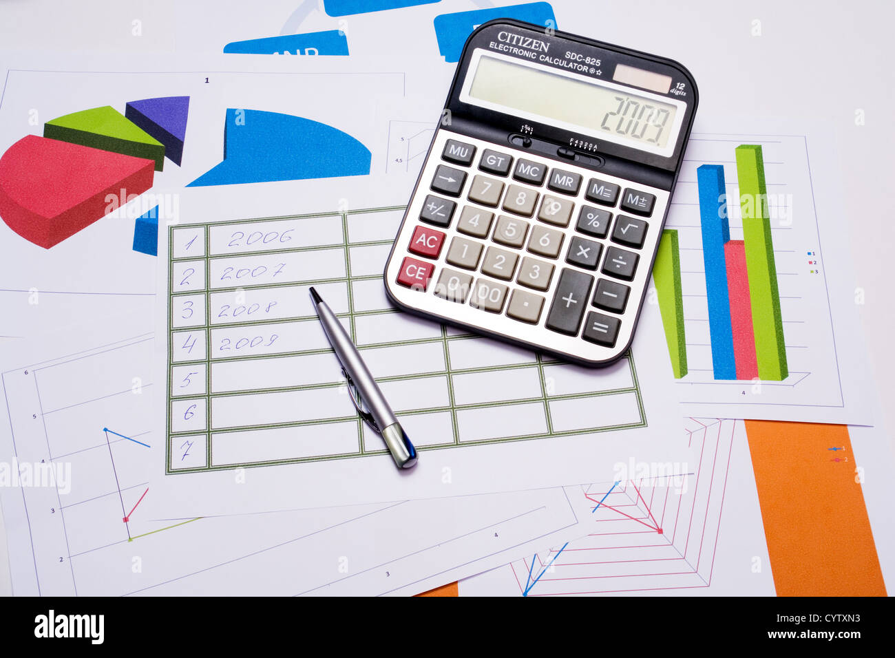 chart with calculator and pen Stock Photo - Alamy