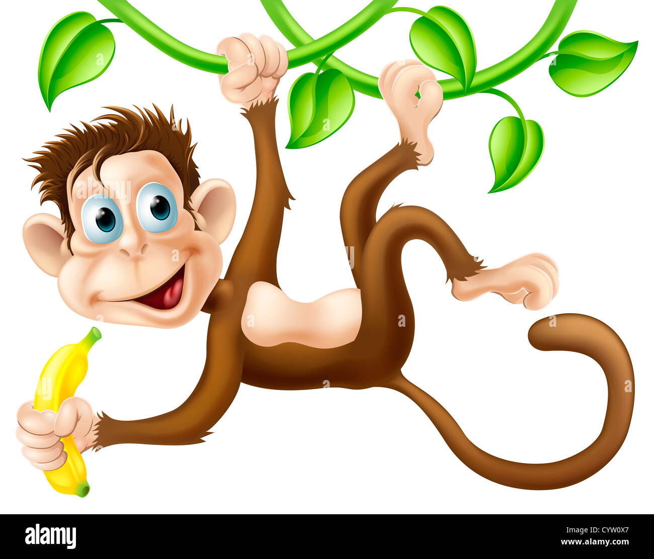 A cute monkey swinging from vines with a banana in his hand Stock Photo