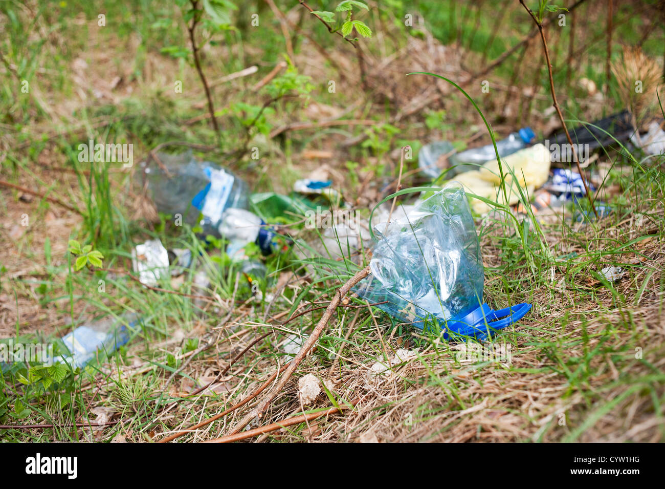 Illegal scatter garbage in grass, blue plastic bottle dump Stock Photo