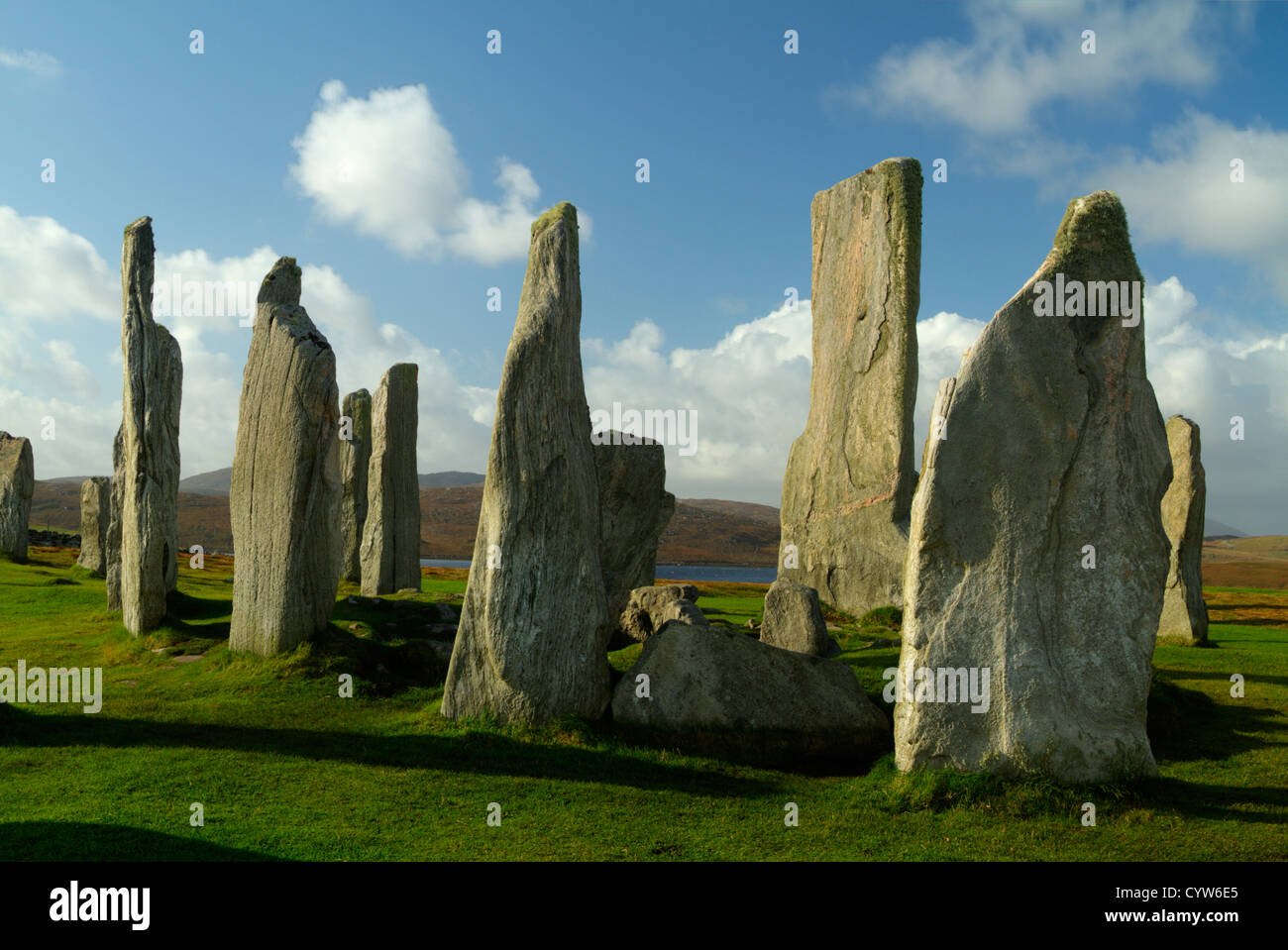 Central group of The Standing Stones of Callanish (Calanais) on the Island of  Lewis in the Outer Hebrides, Scotland. Stock Photo