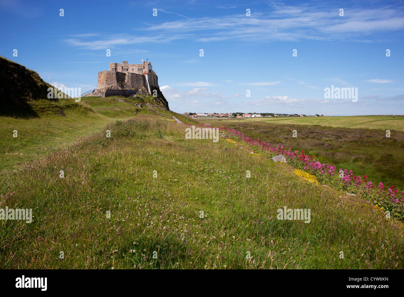 View towards Lindisfarne Castle, Holy Island, Berwick-upon-Tweed, Northumberland, UK Stock Photo