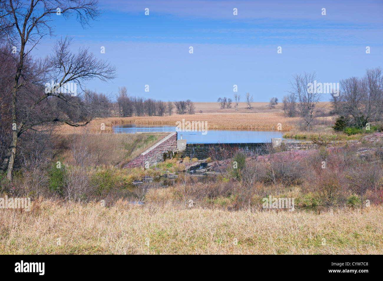 Upper Mound Lake and dam surrounded by tallgrass prairie at Blue Mounds