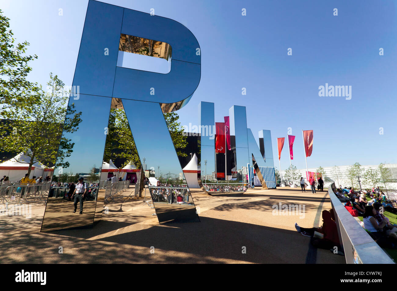 'Run' , a glass and stainless steel artwork by Monica Bonvicini, outside the Copper Box, in the Olympic Park, Stratford. Stock Photo