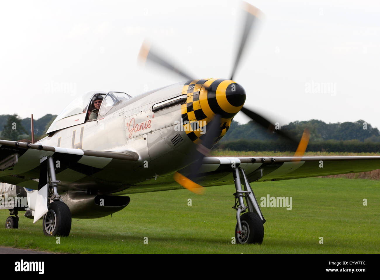 North American P51-D Mustang 'Janie' LH-F 414419 G-MSTG vlose-up taxiing from runway at Breighton Airfield Stock Photo